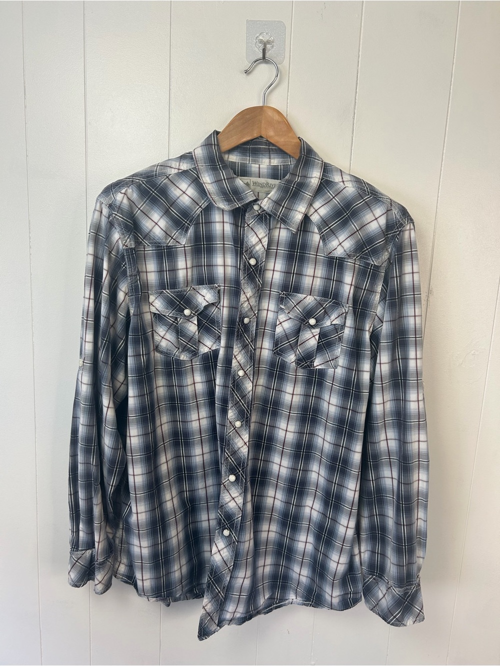 WindRiver Mens XL Plaid Western Shirt Pearl Snap Cowboy Ranch Cotton Blue Fall